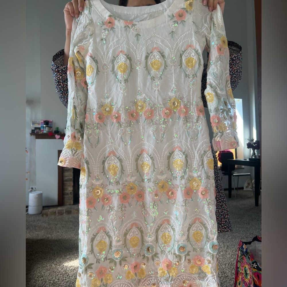 Hand stitched white 3 piece with colorful embroidery